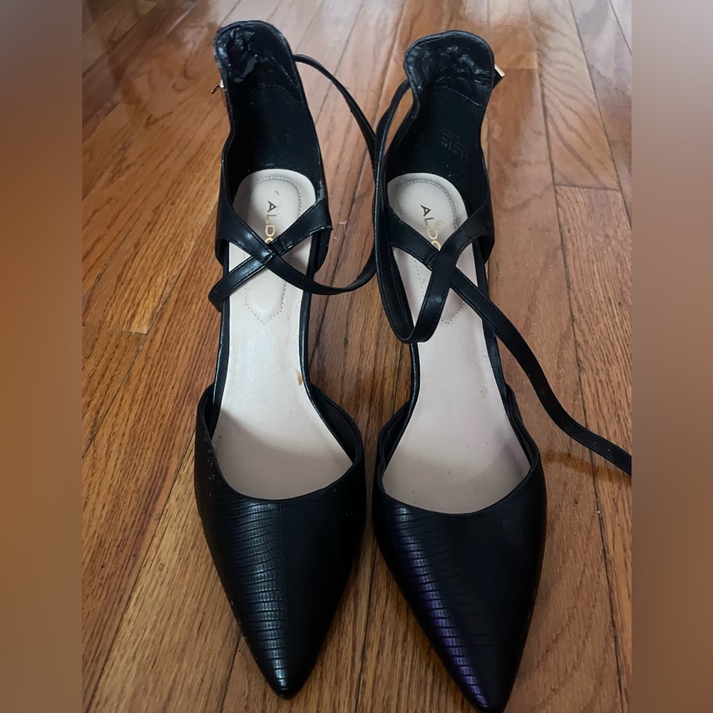Aldo Black Leather Printed Criss Cross Ankle Strapped heel